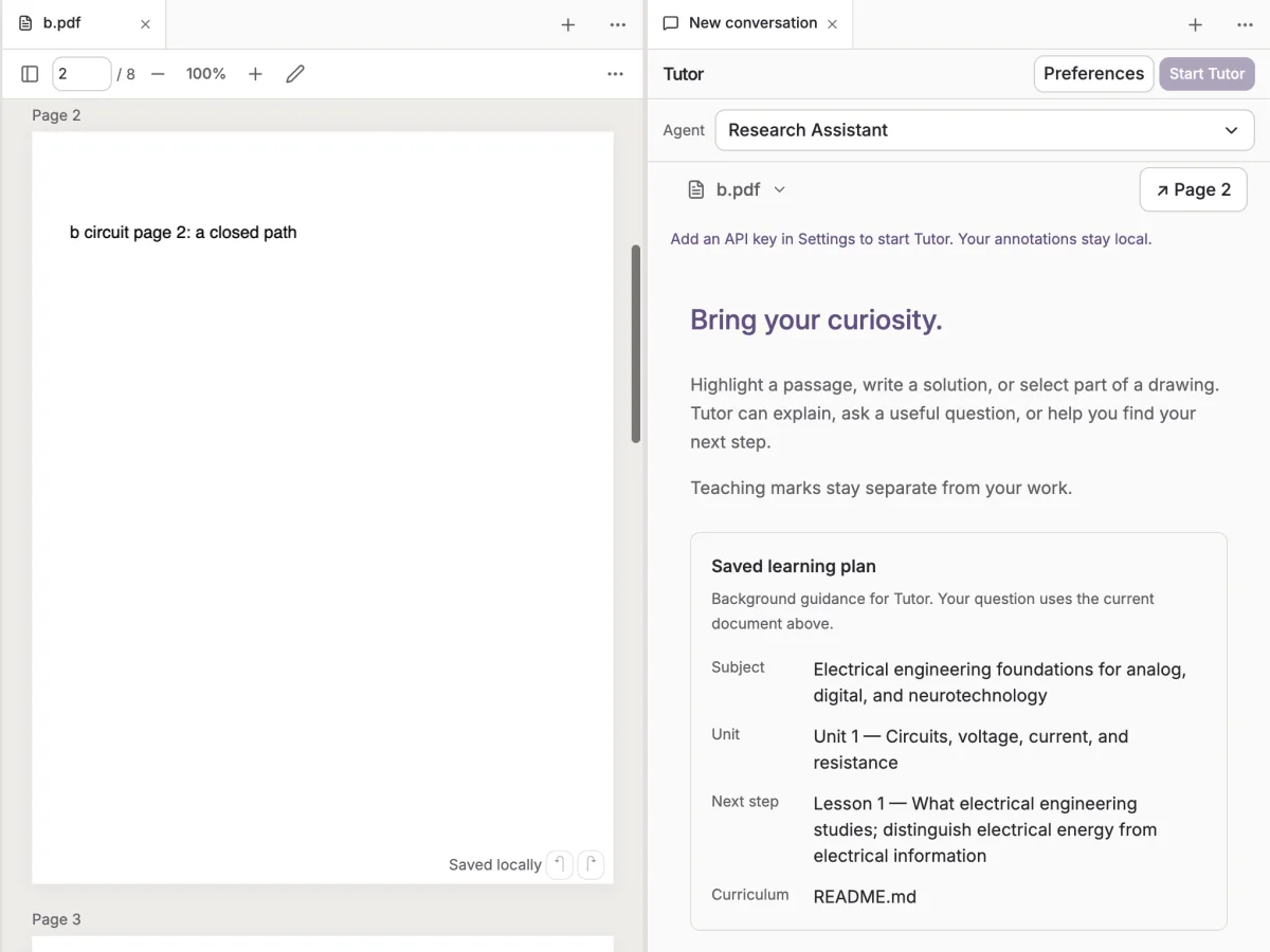 A PDF open beside the Tutor pane with a saved learning plan.