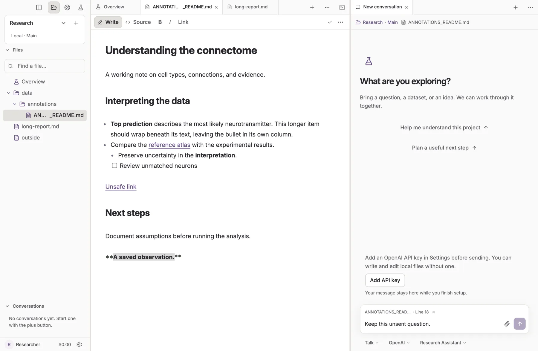 The ResearchTogether desktop app: a project sidebar, a Markdown document and an assistant conversation side by side.