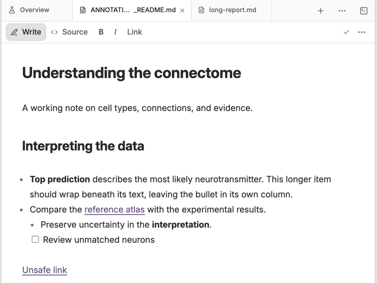 A Markdown note open in the ResearchTogether editor beside the project file tree.